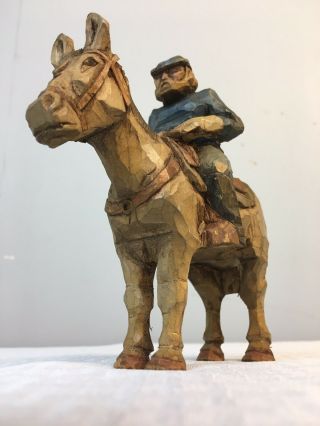 Hand Carved Wood Civil War Cavalry Soldier On Horse Folk Art Carving