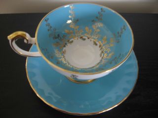 Aynsley Turquoise Blue Gold Leaf Vine Pedestal Teacup And Saucer