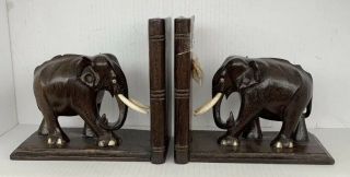 Vintage Hand Carved Oak Elephant Bookends