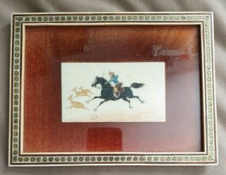 Antique Indo - Persian Islamic Painting On Bone.  Hunting Scene.  Inlaid Frame.