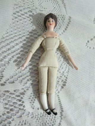 Vintage Porcelain Bisque? Head Hands Feet Cloth Body Doll 5 3/4 " Signed