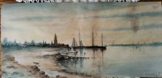 Antique 1897 George F Kaumeyer? Watercolor Painting Bay Harbor Scene 7.  75 " ×16.  25