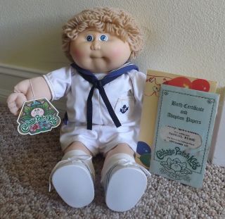 Vintage 1985 Cabbage Patch Kid Tan Loops Blue Eyes Ic1 Sailor Boy W/papers Hm1