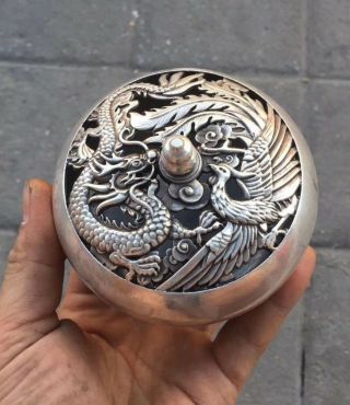 Chinese Old Tibet Silver Carved Dragon Phoenix Incense Burner Censer