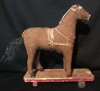 Antique Primitive Victorian Pull Toy Horse On Platform With Wheels Game Aafa