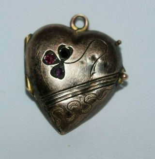 Antique Victorian 10k Yellow Gold Ruby Heart Locket Pendant 7/8 " Lg 2.  41gm