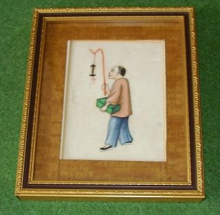Antique Chinese Miniature Painting On Pith Paper Peasant Carrying Lamp Circ 1890