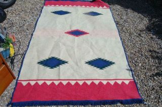 Vintage Mid Century Mexican Zapotec Flat Weave Wool Rug Native American 60s Chic