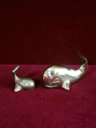 Set Of 2 Solid Brass Nautical Whale Figurine Paperweight Vintage Collectible