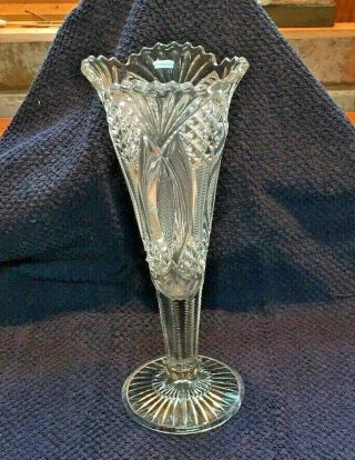 Antique Eapg Pedestal Vase Etched Fern Flower Clear Glass Saw Tooth Design Plus
