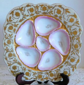 Two Gorgeous Antique Royal Vienna Pink & Gold Oyster Plate Plates 5 Well 8 5/8 