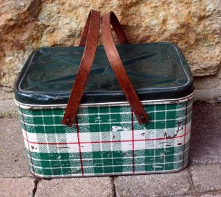 Vintage Tin Colorware Picnic Basket Green And Red Plaid With Bent Wood Handles