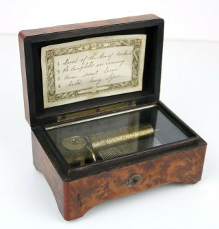 19th Century Antique Walnut Music Box Playing Four Airs,
