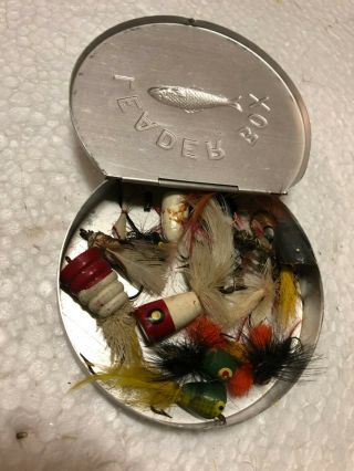 A School Of 26 Old Vintage Fly Rod Lures In Aluminum Leader Box Nr