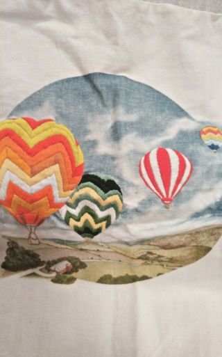Vtg Hot Air Balloon Crewel Cotton Linen Long Embroidery Throw Pillow Cover