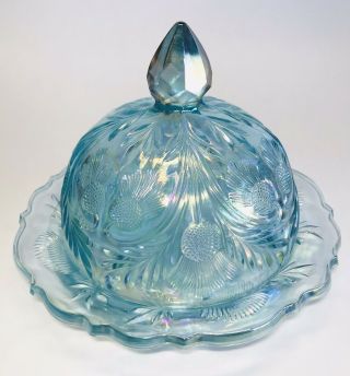 Antique Blue Opalescent Thistle Cut Glass Cheese Ball / Butter Dish W Dome Lid