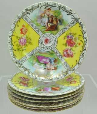 Set Of 7 Antique Dresden Porcelain Courting Couples Plates C 1910 Victoria