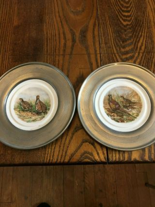 Vintage Old Country Rose Pewter Plate Surround W/rosinabone China - Pheasants