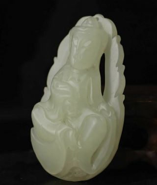 Chinese Natural Hetian White Jade Hand - Carved Statue Buddha Pendant 2.  2 Inch