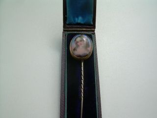 Antique Victorian Gilt Metal Ceramic Hand Painted Stick/tie Cravat Pin.