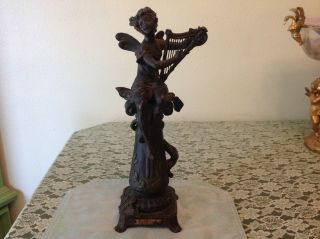 Antique Spring Young Fairy Lady Statue Harp Music Spelter French Art Nouveau