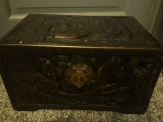 Antique/vintage Oriental Camphor Wood Chest Box With Carved Decoration