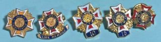 5 - Vfw Veterans Pins - 10 Yr,  15 Yr,  Auxiliary,  Logo,  And Life Member Pins