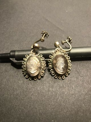 Vintage Antique Silver 800 Mother Of Pearl Girl Cameo Earrings