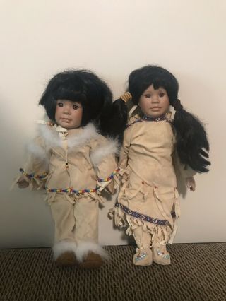 Native American Porcelain Doll W/ Stand Antique