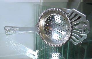 Vintage English Silver Plated Art Deco Style Tea Strainer,  Drip Bowl ^