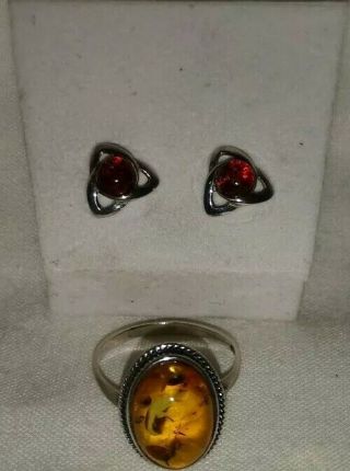 Hallmarked Solid Sterling Silver And Amber Ring And Earrings 4.  10 Grams Scrap?