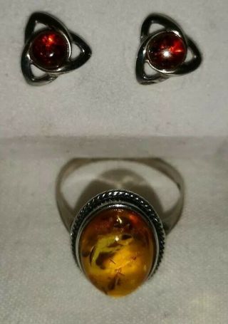 Hallmarked Solid Sterling Silver And Amber Ring and earrings 4.  10 grams scrap? 2