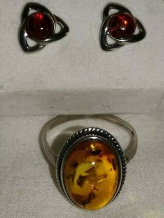 Hallmarked Solid Sterling Silver And Amber Ring and earrings 4.  10 grams scrap? 3