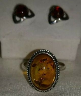 Hallmarked Solid Sterling Silver And Amber Ring and earrings 4.  10 grams scrap? 4
