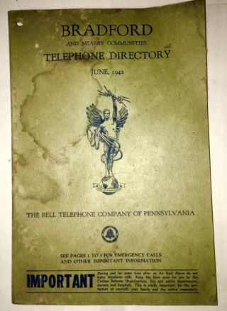 Vintage 1942 Bradford Pennsylvania Pa Telephone Directory Zippo Kendall Dairy