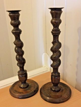Oak 14.  5 " High Barley Twist Candle Sticks With Removable Tops