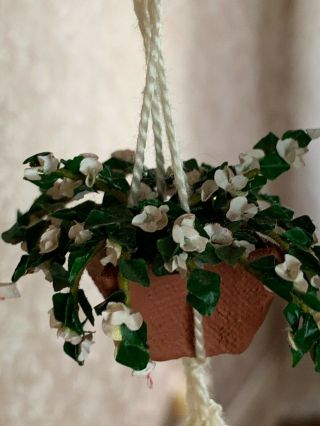 1970s Artisan Sculpted Miniature Dollhouse Hanging Plant White Flowers Clay Pot