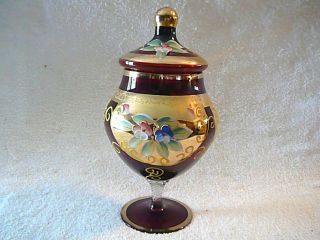 Gold Encrusted Czech Ruby Red Covered Candy Dish Handpainted,  Raised Decoration