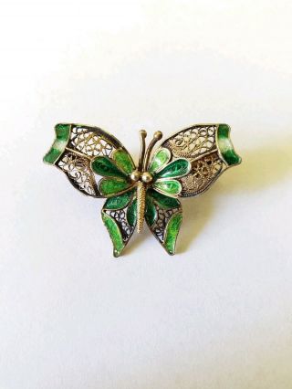 Antique 925 Sterling Silver Filigree Enameled Butterfly Brooch Greens