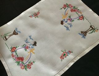 Lovely Vintage Linen Hand Embroidered Tray Cloth Crinoline Lady/birds/garden