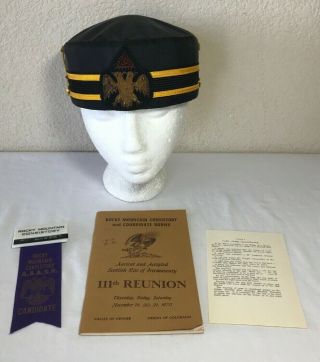 Vintage Masonic 32nd Degree Scottish Rite Cap Black Pillbox Mason Hat Ec