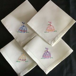 Set 4 Vintage Linen Hand Embroidered Napkins Crinoline Ladies