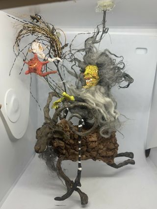 Handsculpted Primitive Creepy Halloween Hag Witch Riding Ram Sheep 8”