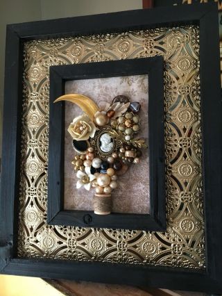 Framed Bouquet Art Vintage Jewelry 4x6 Black Gold Recycled Cameo Wedding