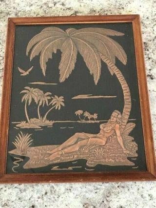 Vintage Framed Hawaiian Girl On Island Embossed Copper Picture Palm Trees 11x9