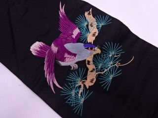 89448 Japanese Kimono / Antique Nagoya Obi / Embroidery / Pine & Hawk