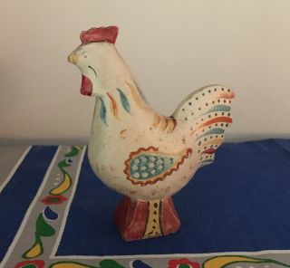 Antique White Swedish Dala Rooster Chicken Carved Wood Painted Folk Art 4 "