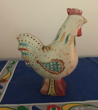 Antique White Swedish Dala Rooster Chicken Carved Wood Painted Folk Art 4 