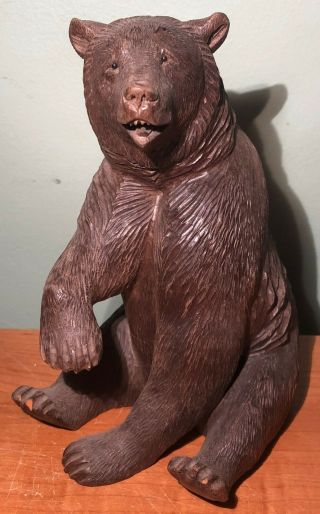 Fine Antique Black Forest Hand Carved Wood Sitting Bear Sculpture