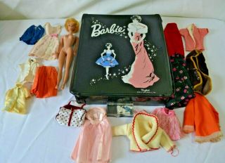 Vintage 1962 Barbie Ponytail Vinyl Doll Case Mattel W/ Doll Clothing Accessories
